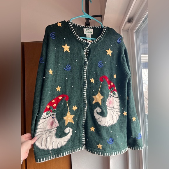 The Quacker Factory Sweaters - Vintage Wool & Cotton Blend Knit Button Cardigan Christmas Sweater Green Medium